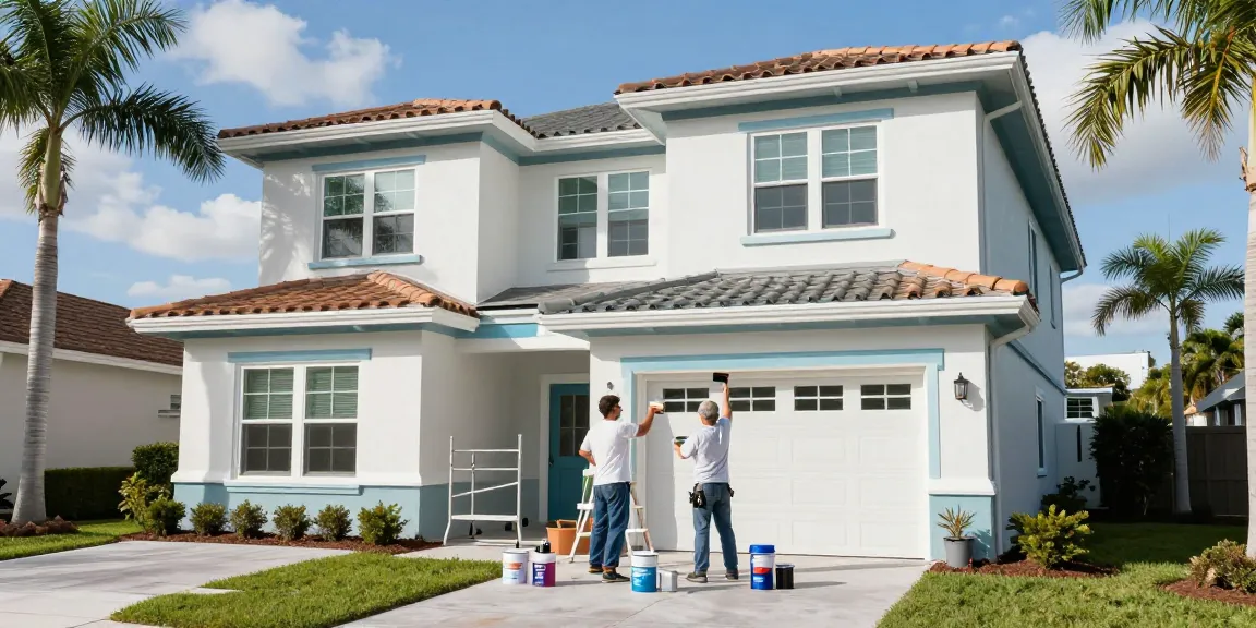 Exterior painters Sarasota County FL carefully painting a two-story home with fresh, vibrant colors under bright sunlight.