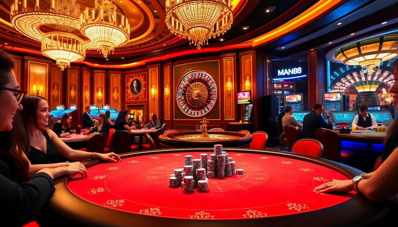Man88 casino interior with poker table and roulette wheel, showcasing excitement and luxury.