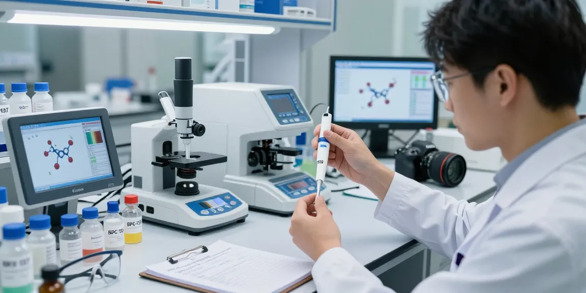 BPC-157 research supplier examining peptides in a modern lab with precision tools.