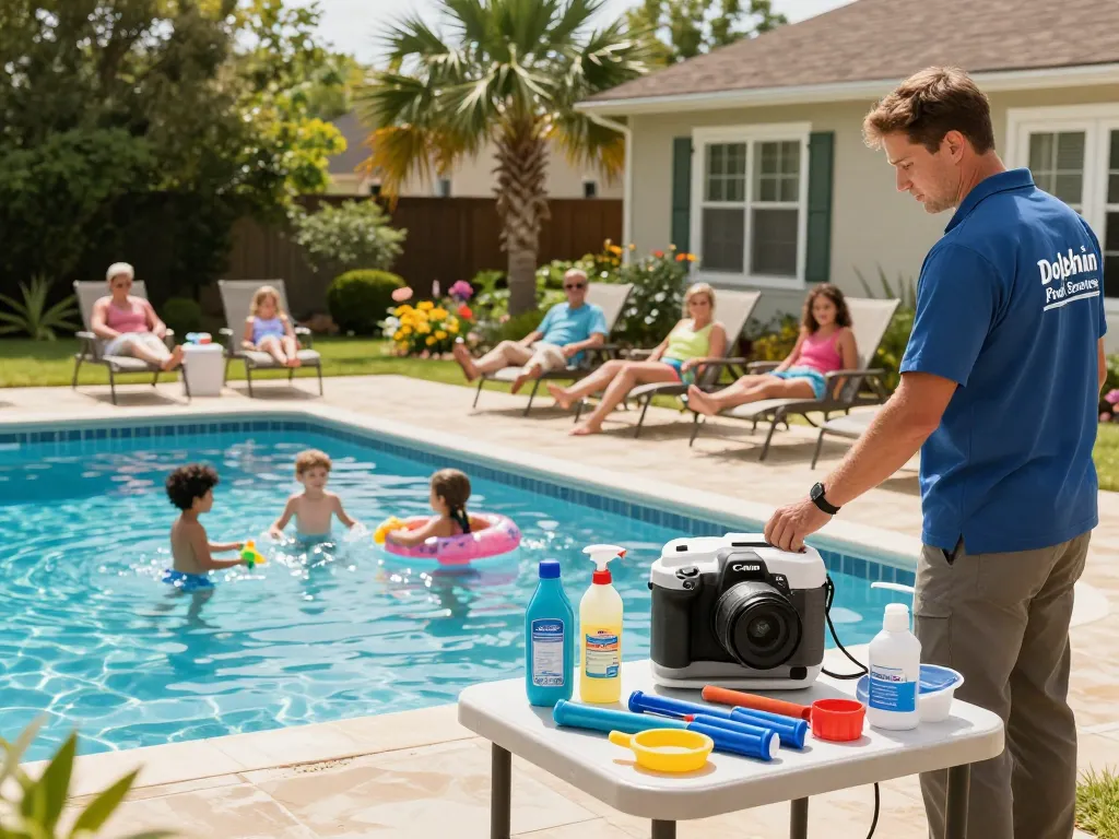 Dolphin Pool Services providing expert maintenance in a sunny backyard pool scene with family enjoying their pool.