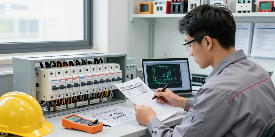 Moulded case circuit breaker examination by technician in professional workspace with tools and equipment.