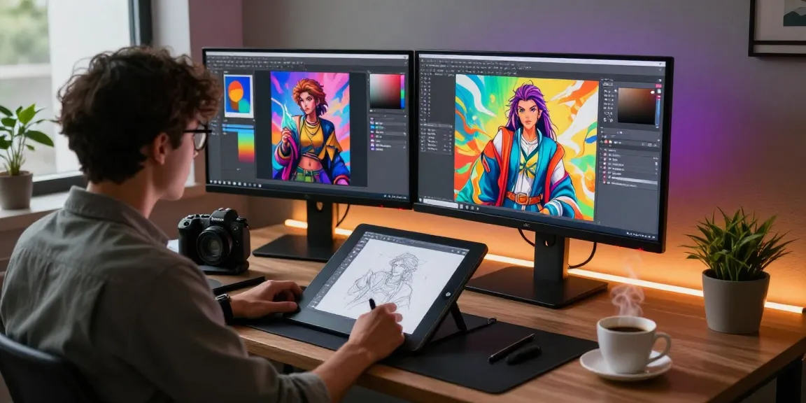 AI NSFW content creation in a modern workspace with digital artist, monitors displaying intricate designs.