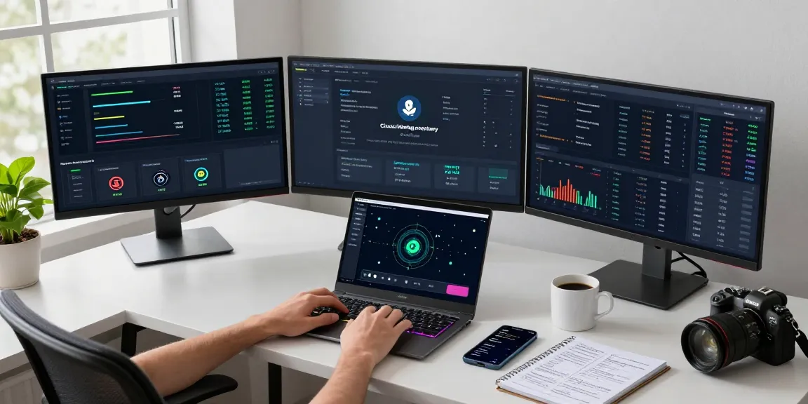 Workspace of a crypto trader analyzing data with trusted cloud mining company metrics on multiple screens in a secure digital environment.