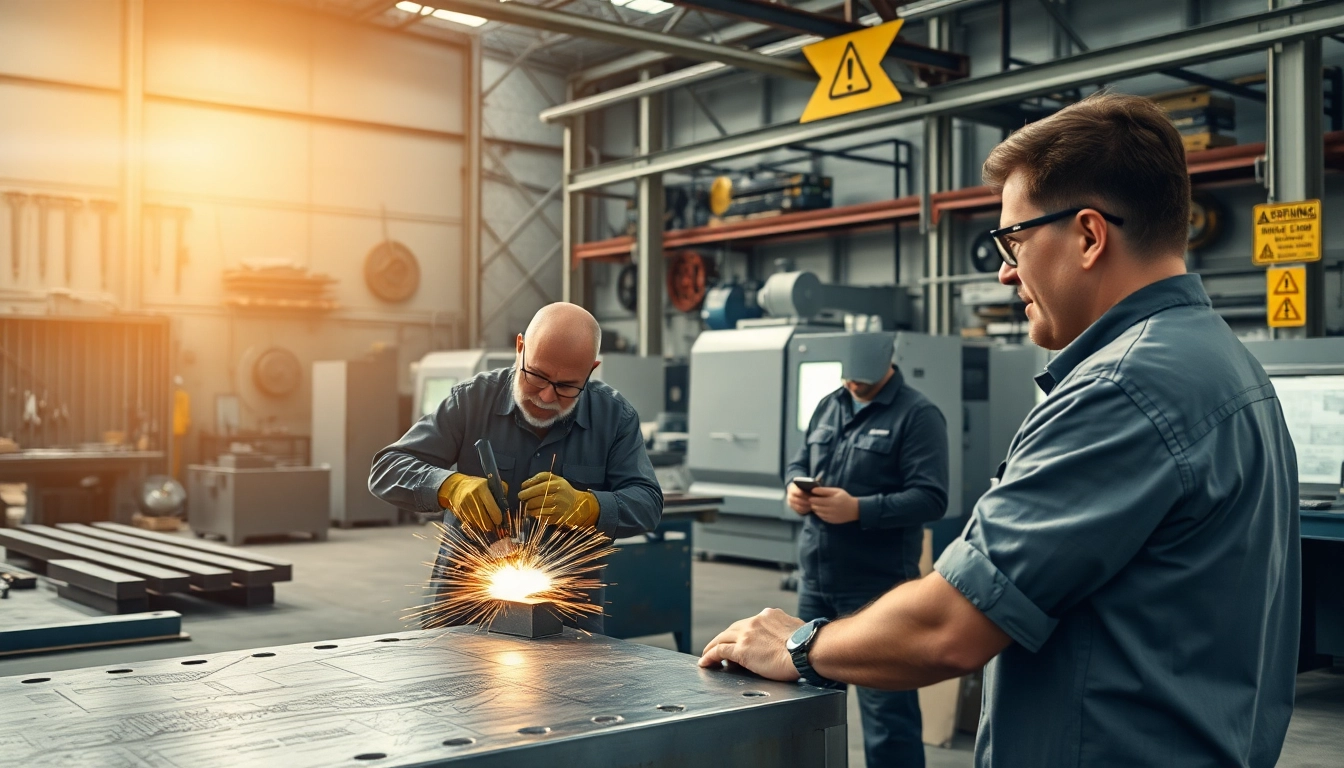 Workers in a steel fabrication shop demonstrating precision welding techniques and industrial equipment.