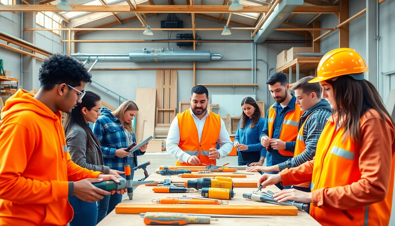 Engaged students participating in a Construction training session with an instructor in a workshop.