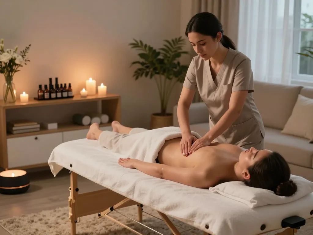 부천 출장마사지 therapist providing a calming home massage in a serene living room.