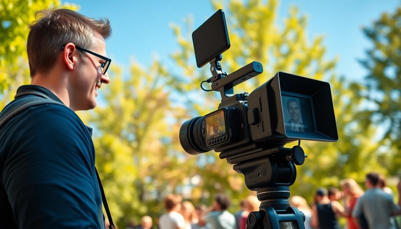 Videographer skillfully capturing outdoor event footage with professional equipment.