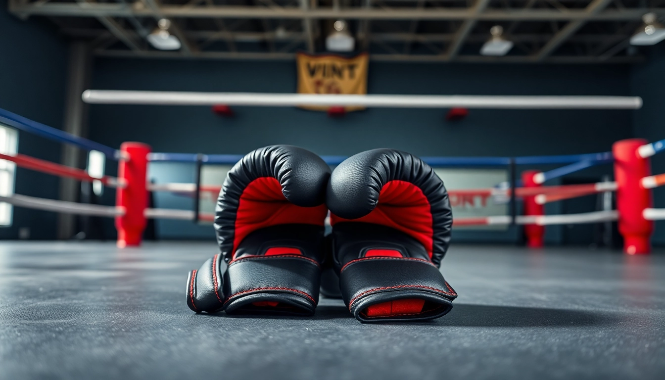 Hochwertige MMA gloves auf dem Trainingsboden, betont das professionelle Design.
