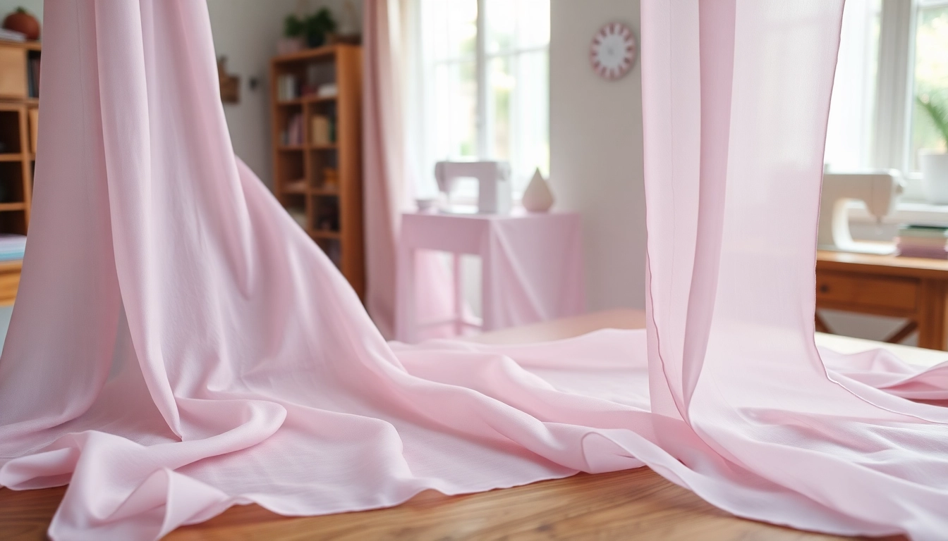 Creëer prachtige kleding met chiffon stof die elegant over een tafel hangt.