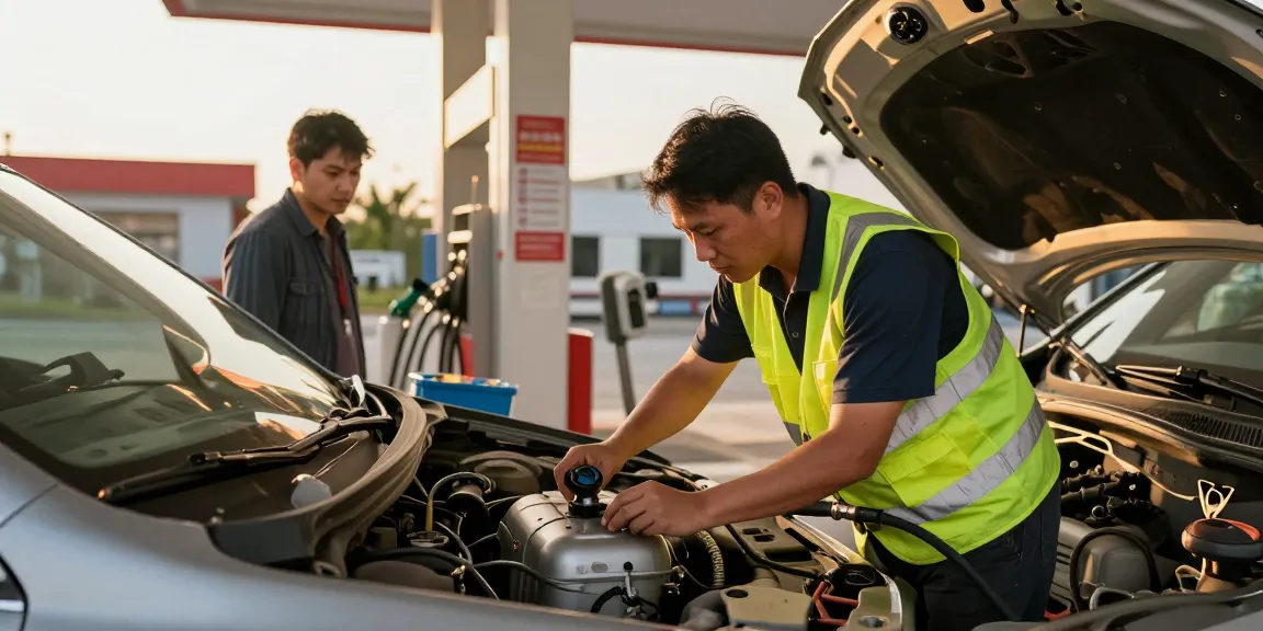 Contamination in fuel tank being addressed at a busy fuel station by a technician, ensuring vehicle safety and reliability.