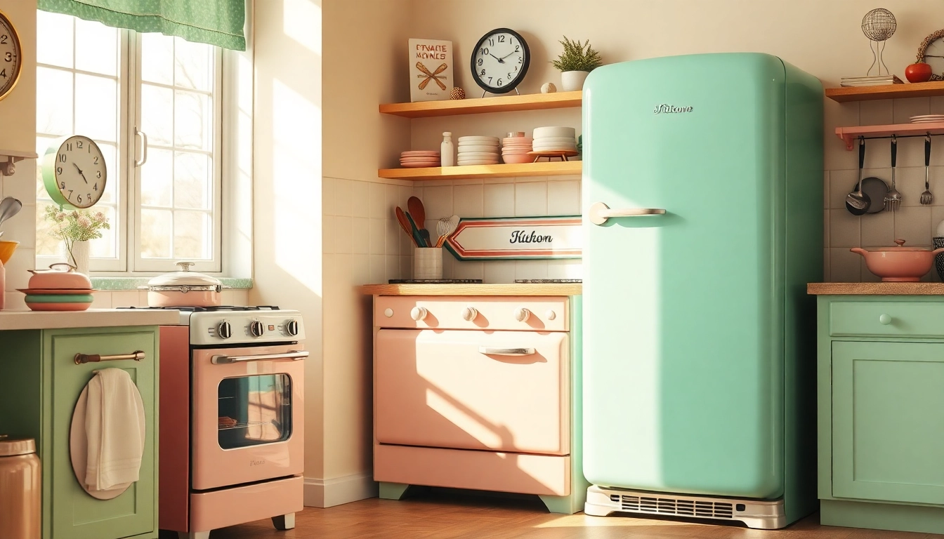 Featuring stylish retro appliances in a vintage kitchen, highlighting 1950s charm and pastel colors.
