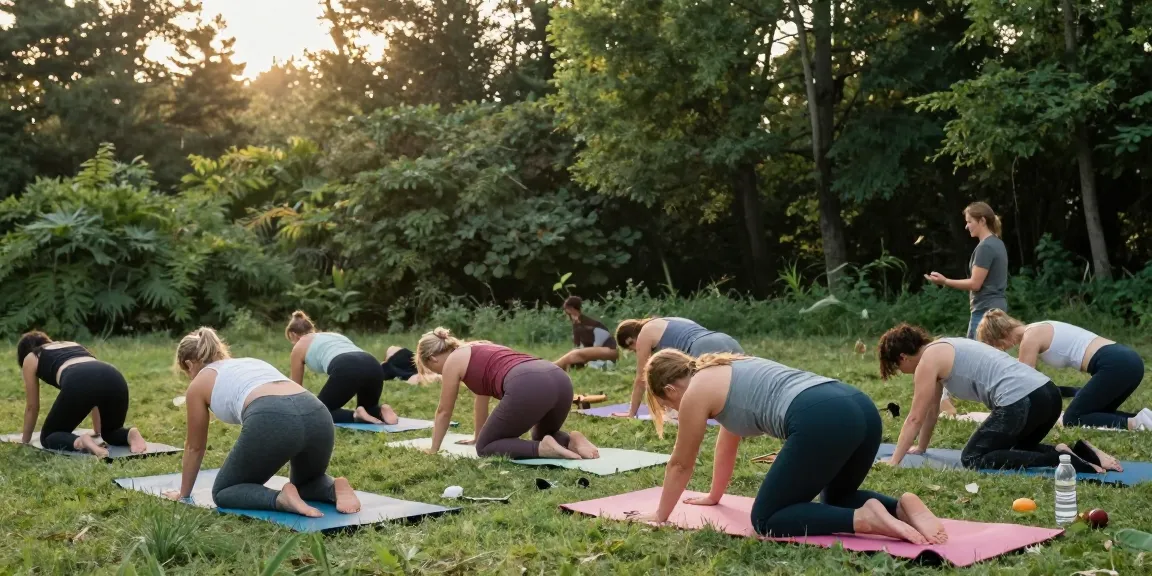 Hatha yoga & fitness class in serene outdoor setting promoting mindfulness and relaxation.