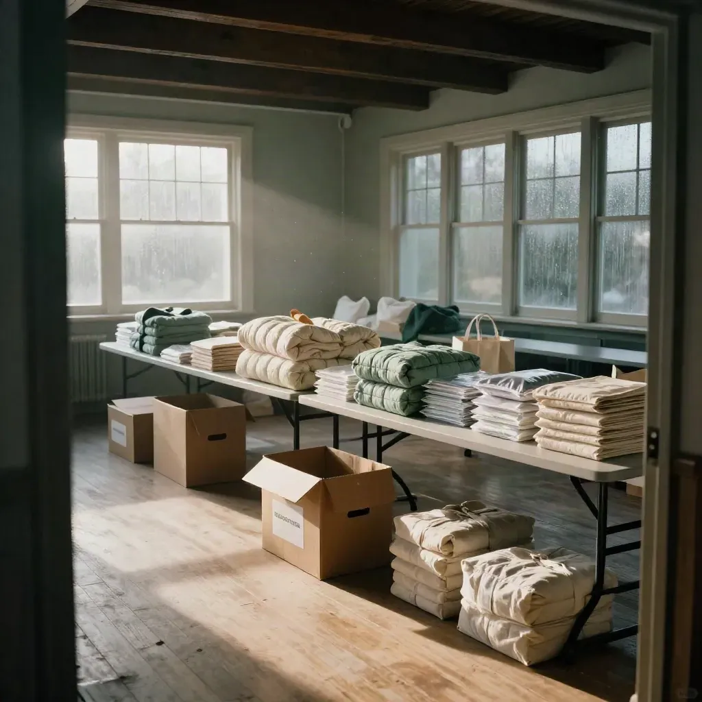 Donation boxes and quilt bundles in a sunlit church hall, ready for volunteer care packages.
