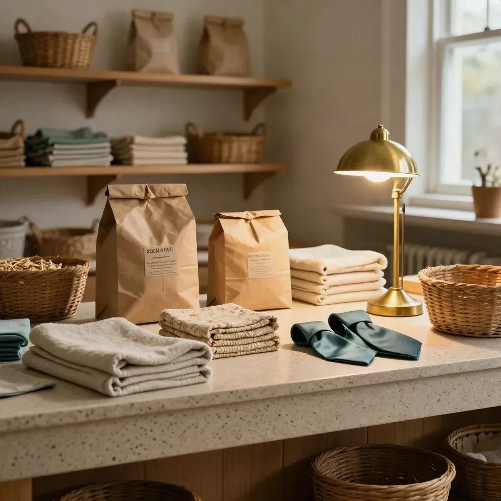 Travertine resource corner with care kits, blankets, woven baskets, and a warm lamp glow.