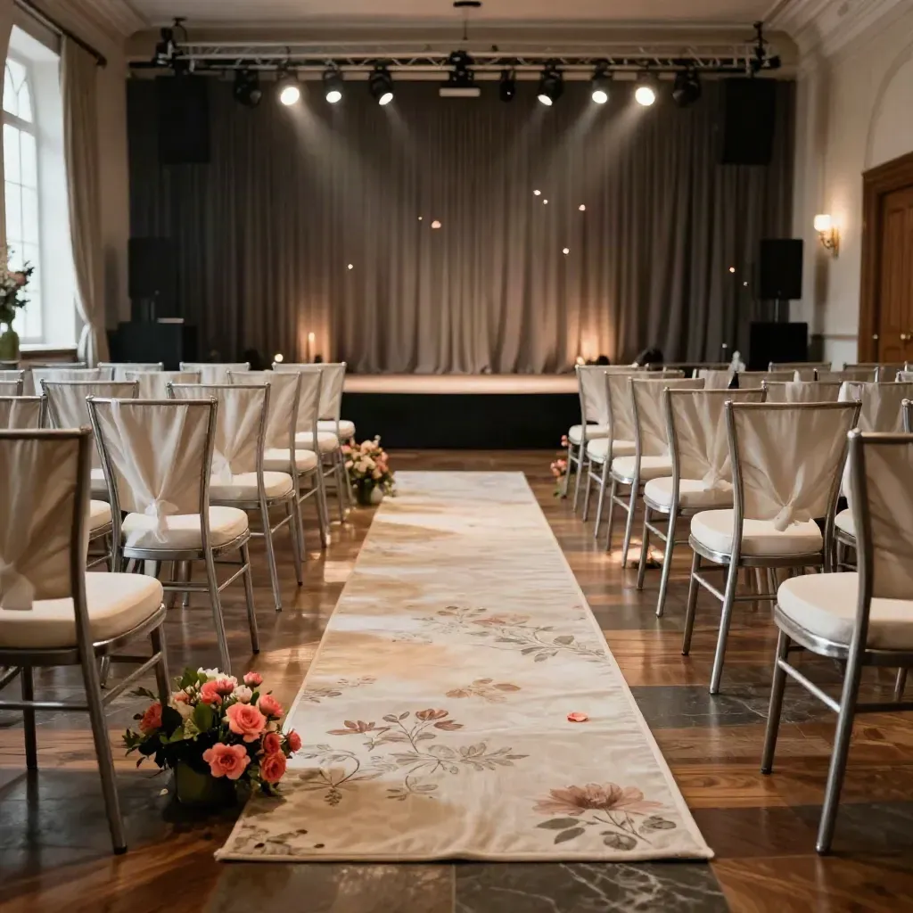 Empty event venue with chair rows, floral runners and stage lights before guests arrive.