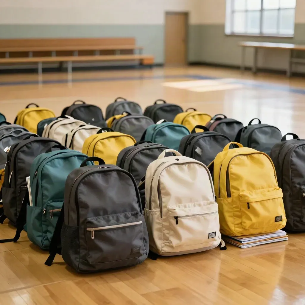 Gym floor lined with backpacks and school supplies ready for day one.