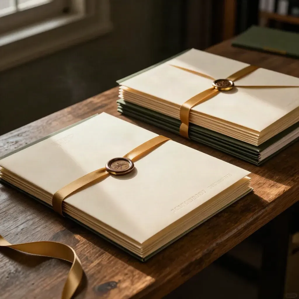 Closed embossed folders, wax seals and ribbon-tied envelopes on a dark oak bench under dramatic side light.