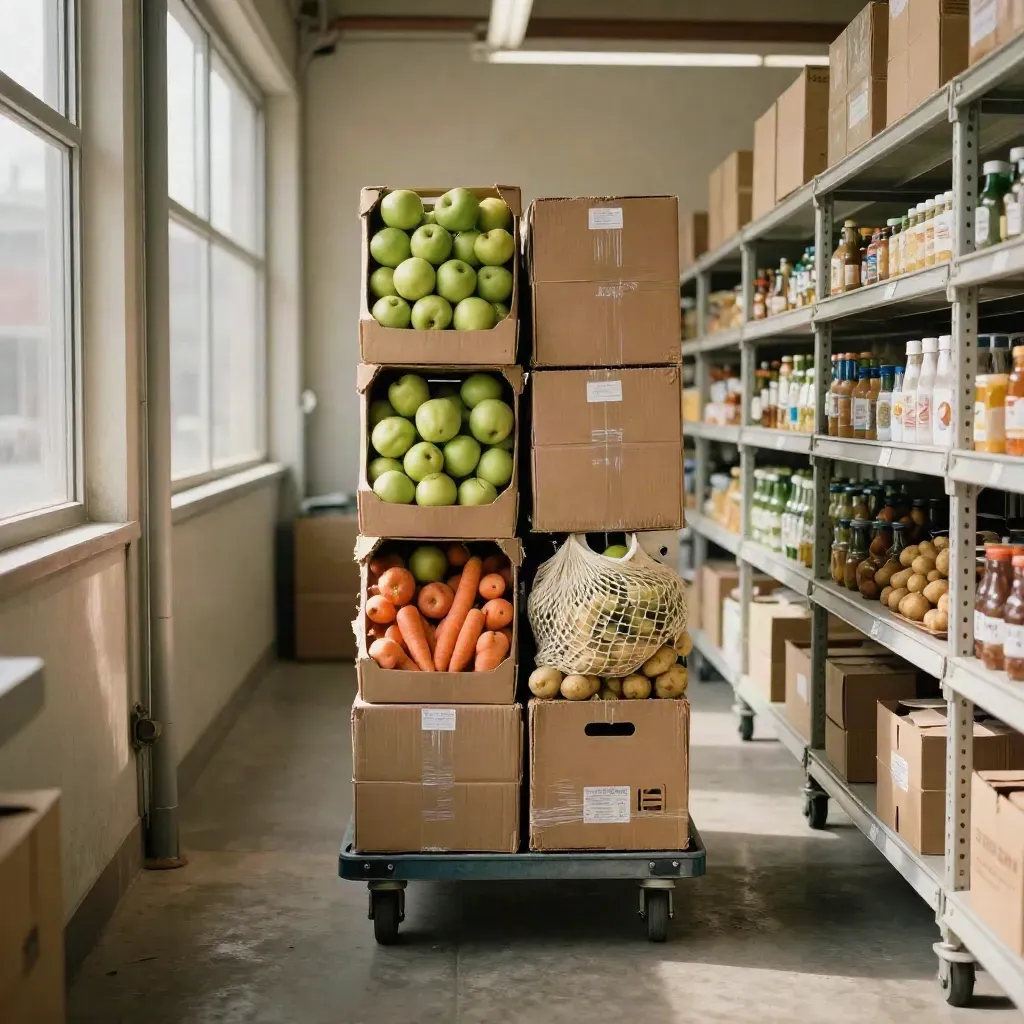 Packed food pantry crates and shelves in warm morning light, ready for the next pickup.
