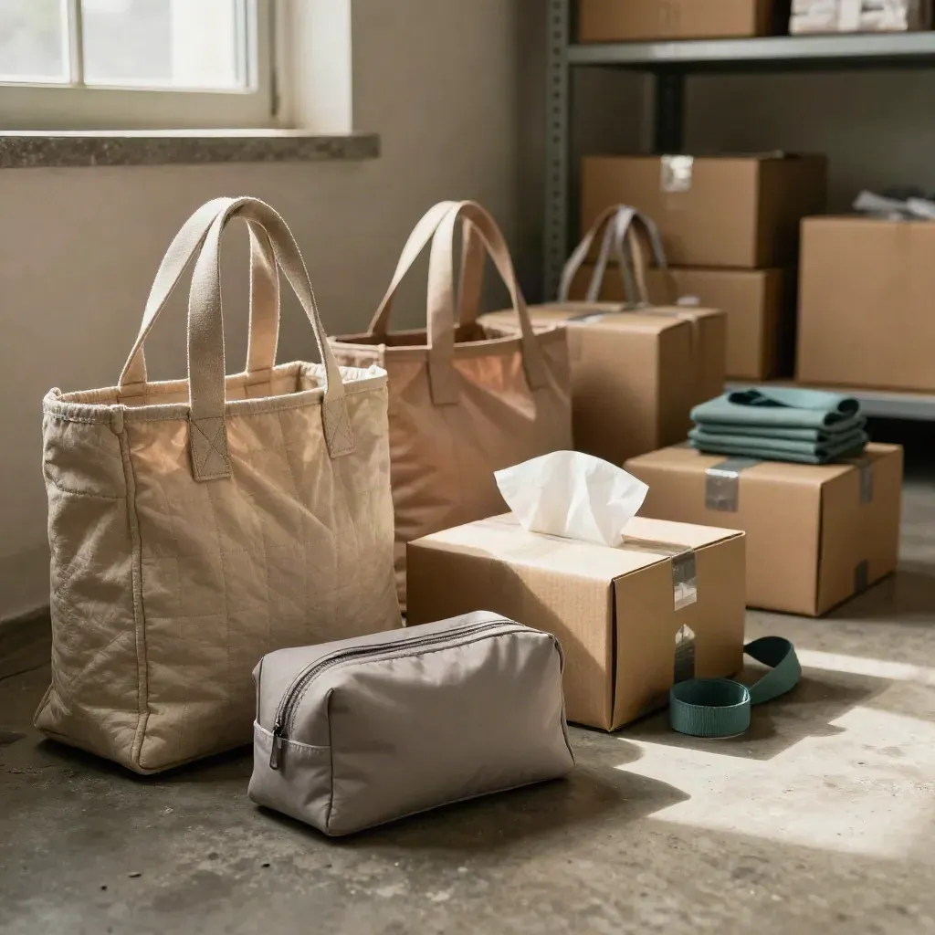 Ready-to-ship care packages with totes, pouches, and shipping boxes in warm window light.