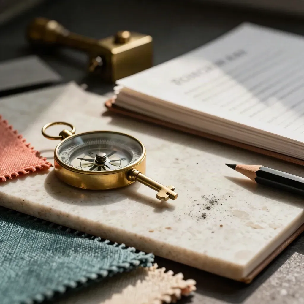 Macro still life of campaign tools: brass compass, fabric swatches, notebook and pencil on travertine.