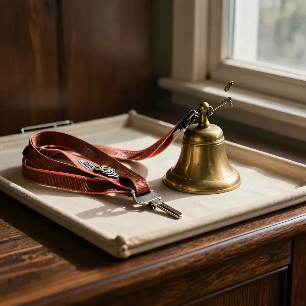 Brass bell with lanyards, pins and badge clips on a walnut shelf