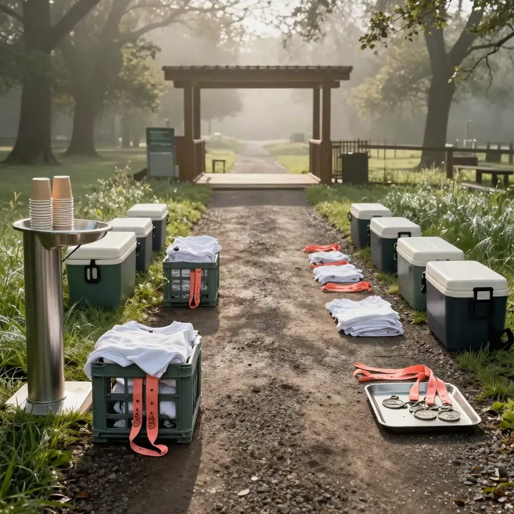 Empty trailhead walk setup with water stations, folded tees, and medal trays in morning mist.