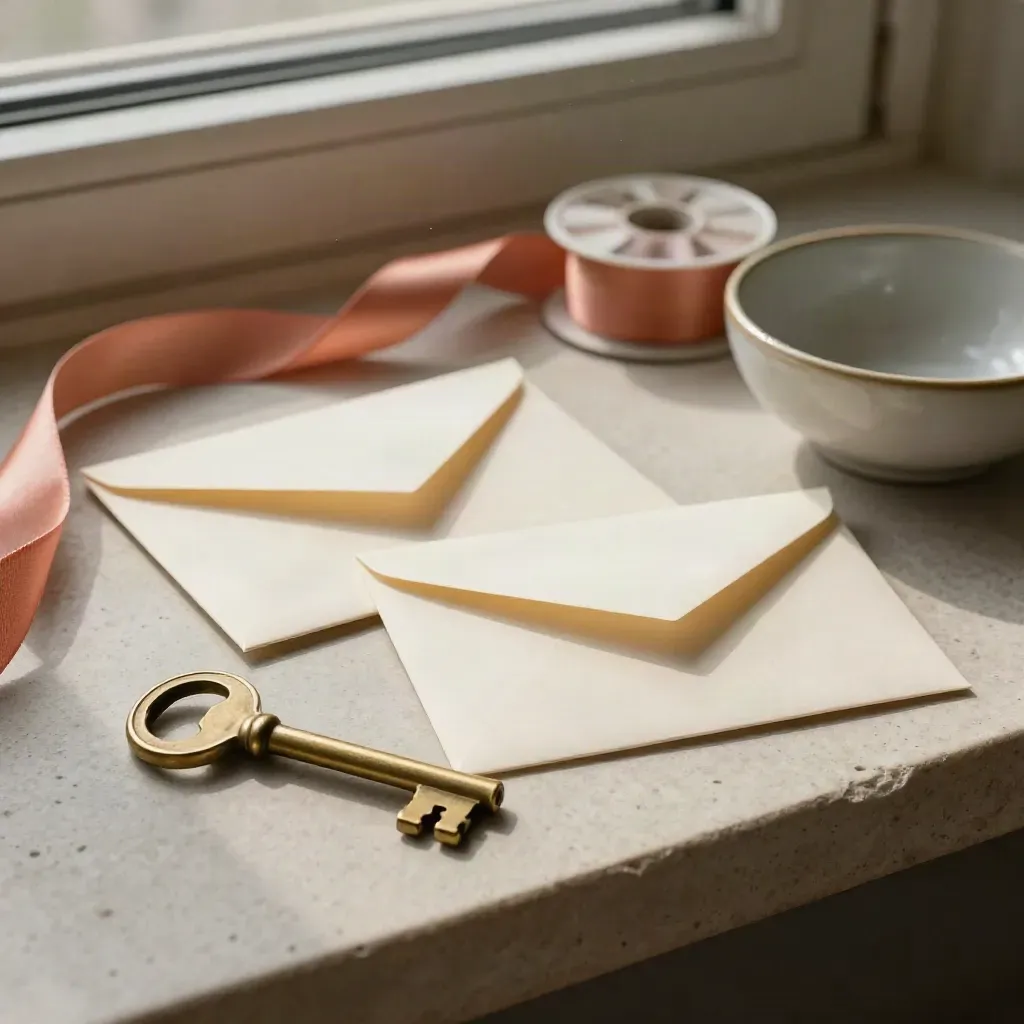 Brass key, cream cards, coral ribbon and ceramic bowl on stone shelf