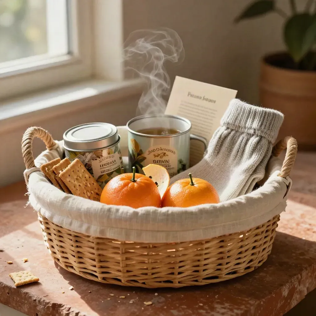 Woven comfort basket with tea tins, clementines, crackers, socks, and a steaming cup on terracotta.
