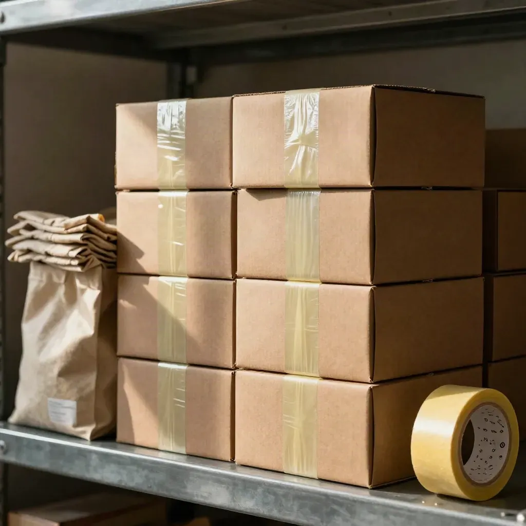 Stacked care boxes, tote bags, yellow tape and a steel shelf in soft side light.