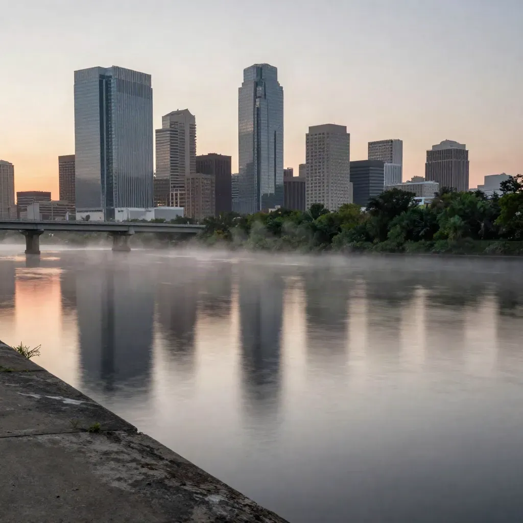 Houston skyline mirrored in misty bayou water under a coral dusk glow.
