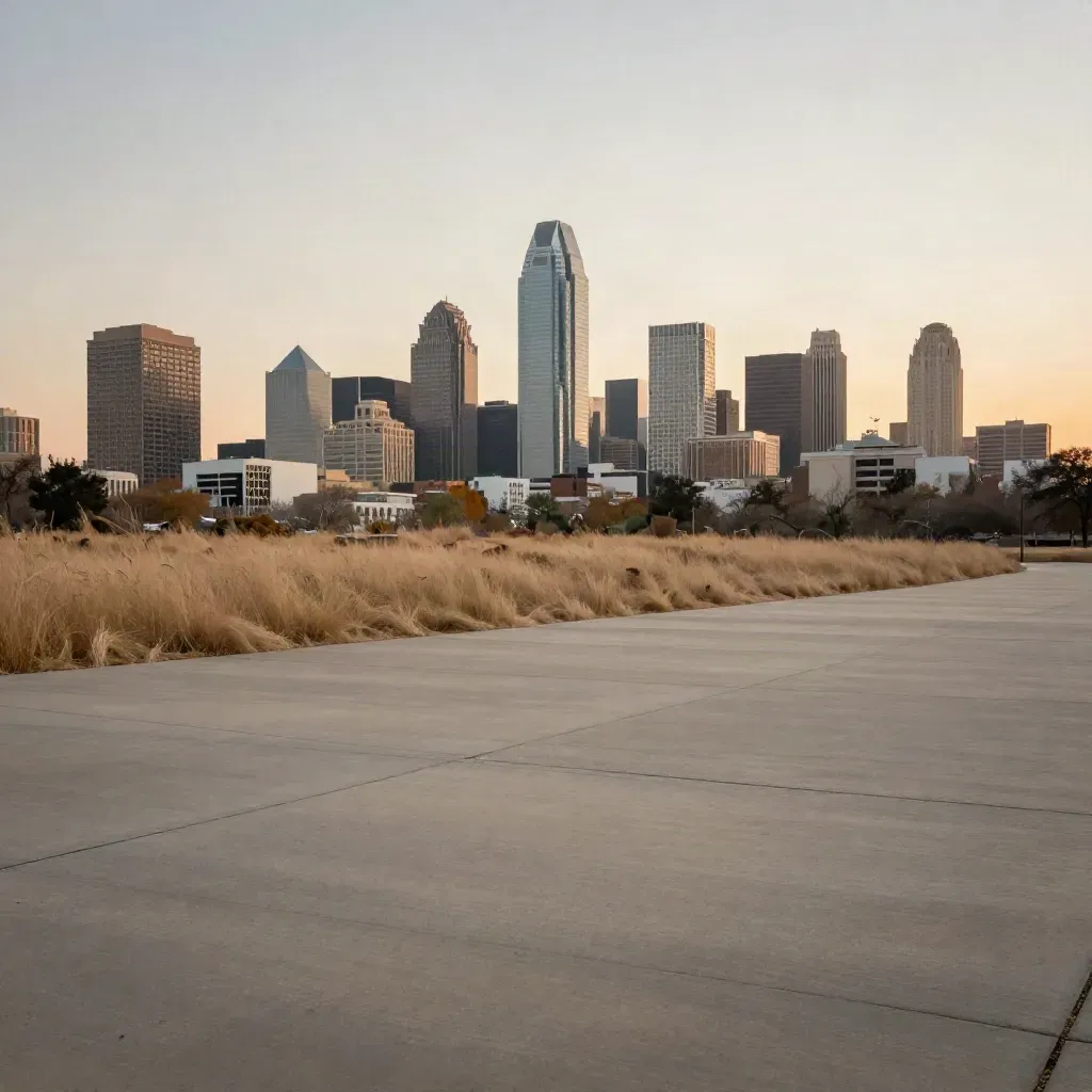Dallas-Fort Worth skyline above a calm prairie edge and concrete forecourt at golden hour.