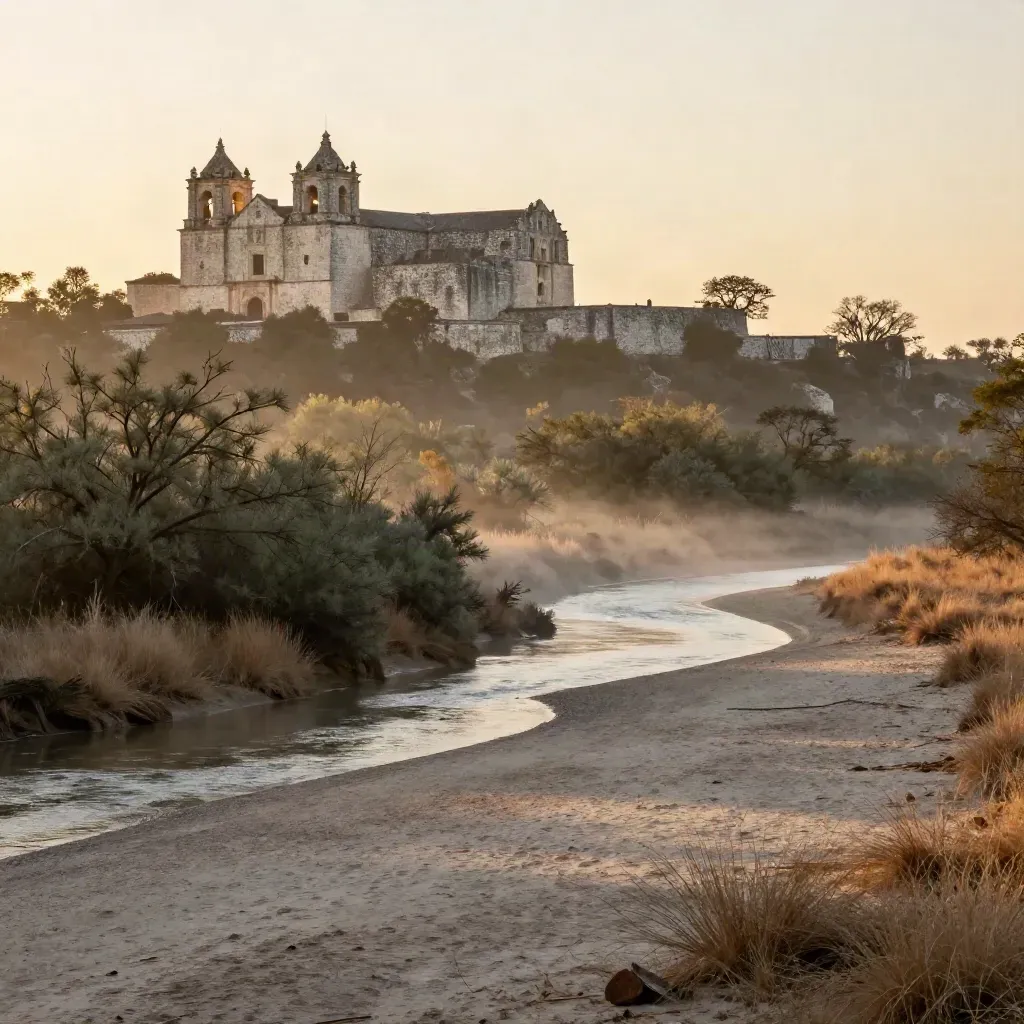Dawn-lit San Antonio mission silhouette above a misty river bend and quiet brush.