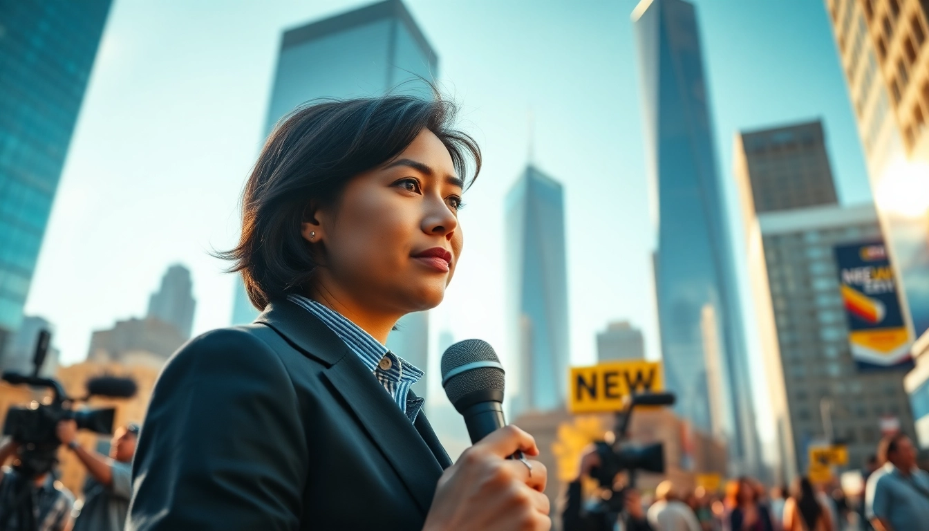 Report breaking news updates from a vibrant urban environment.