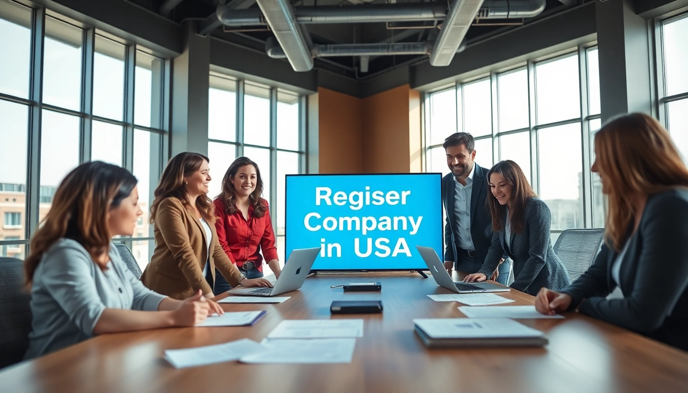 Team discussing how to register company in USA with documents and digital screen.