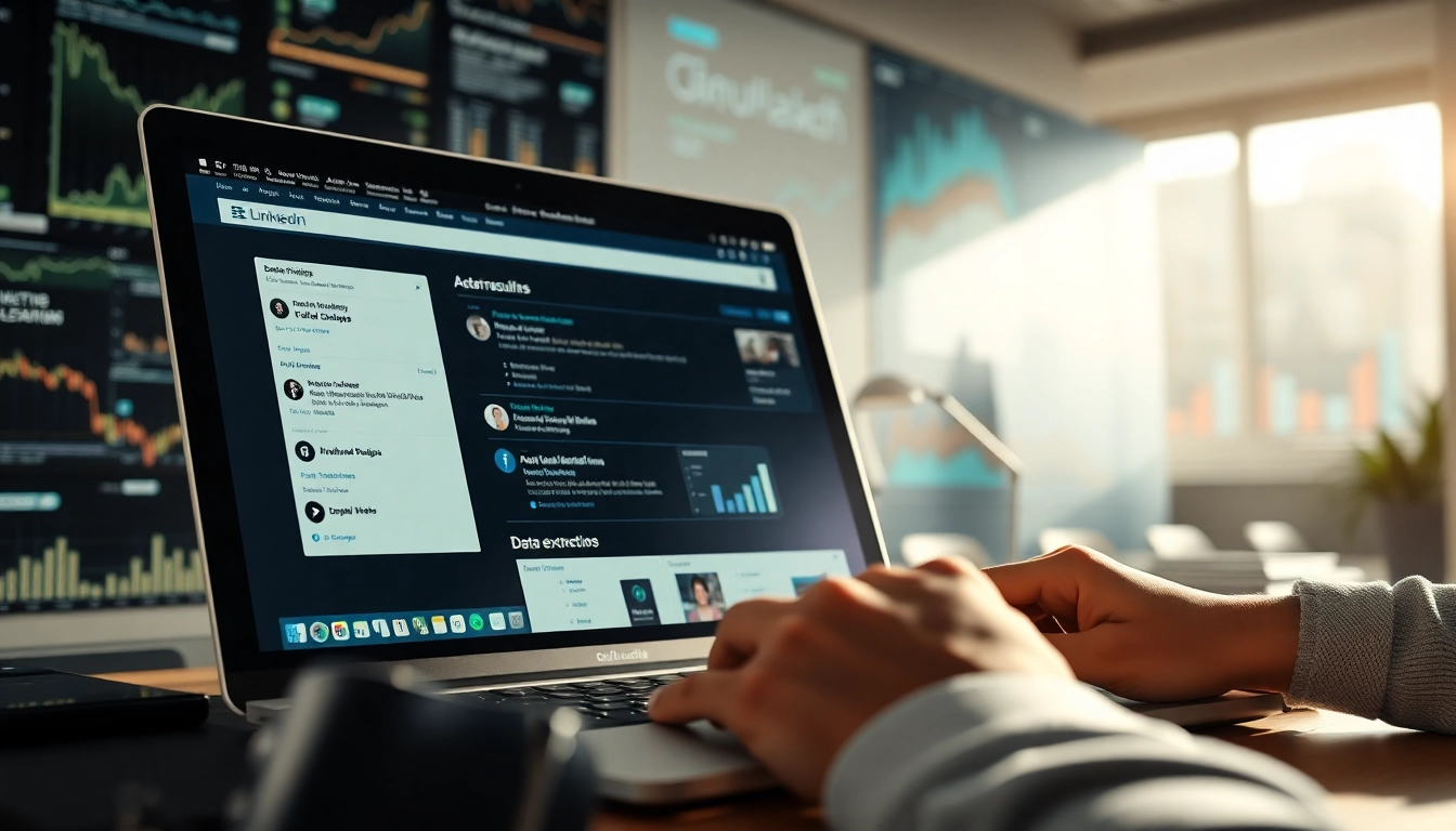 Utilizing linkedin search data extraction tools while analyzing search results on a laptop.