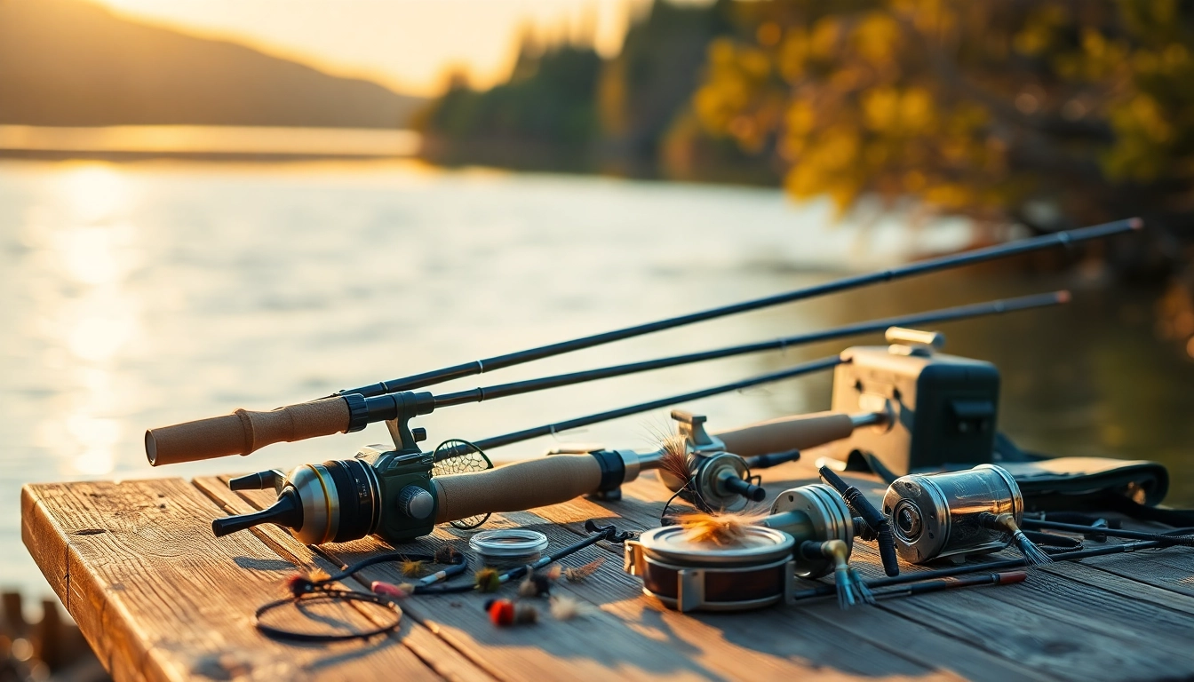 Showcase the best fly fishing rods on a wooden table with natural scenery.