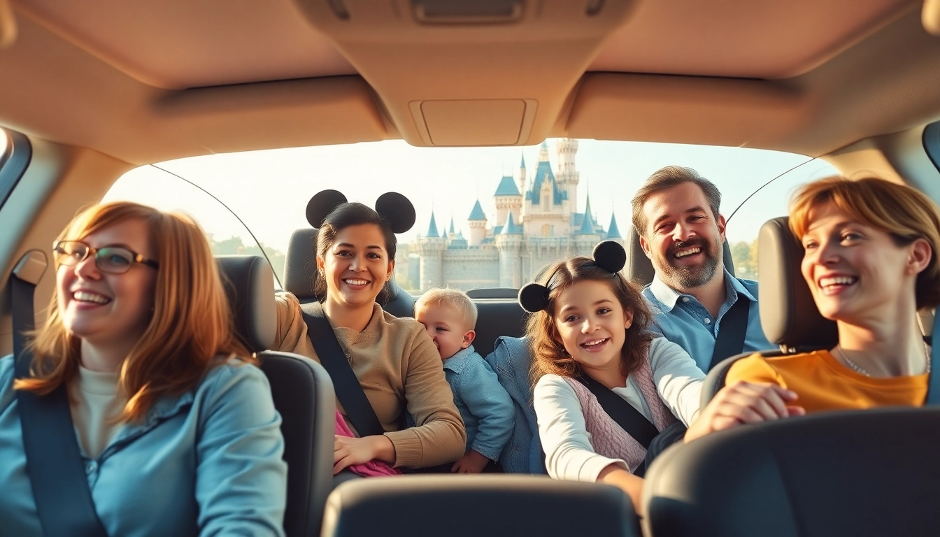 Families enjoying Disneyland Paris airport transfer services, smiling in a comfortable vehicle en route to the parks.