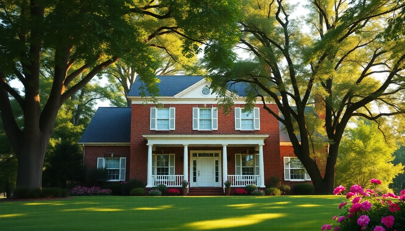 Stunning colonial home build with red brick exterior surrounded by lush greenery.