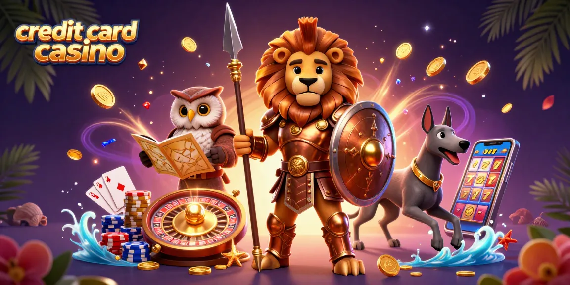 Cascade of coins and gems around characters in a vibrant credit card casino scene.