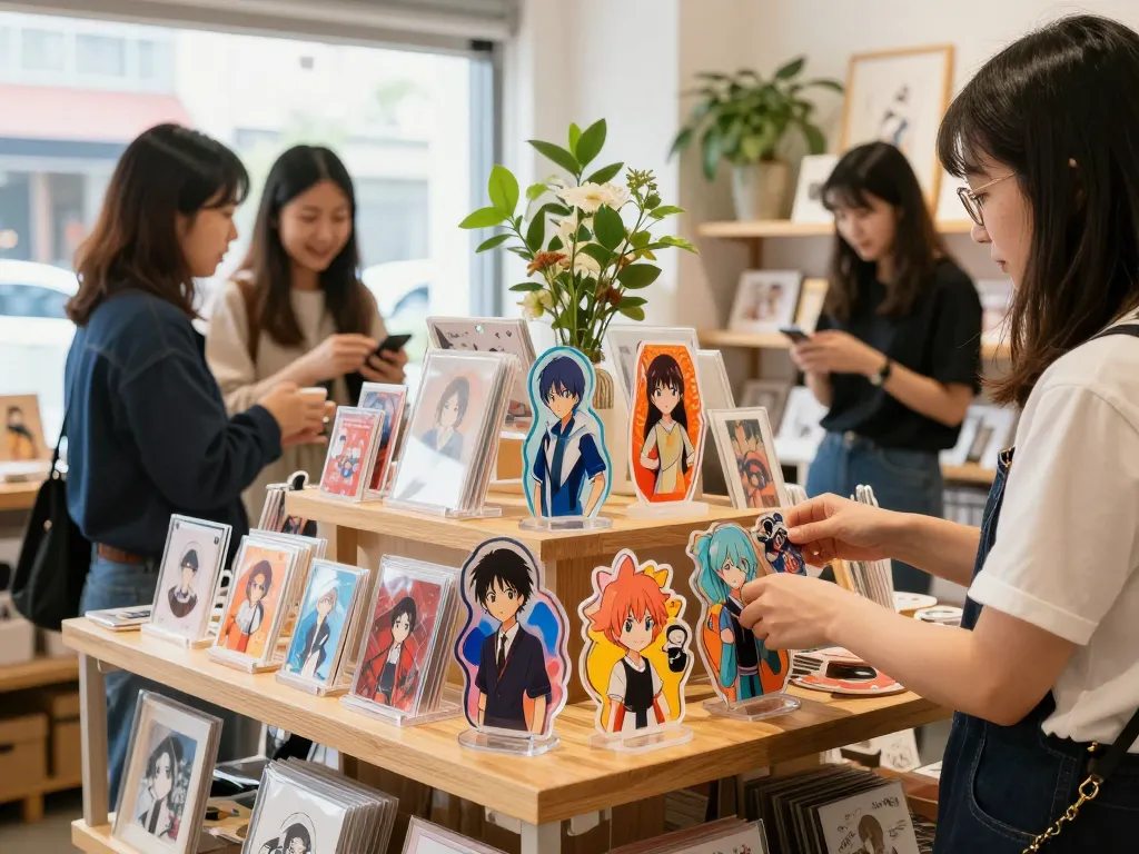 Custom acrylic stand featuring colorful designs in a vibrant artisan shop