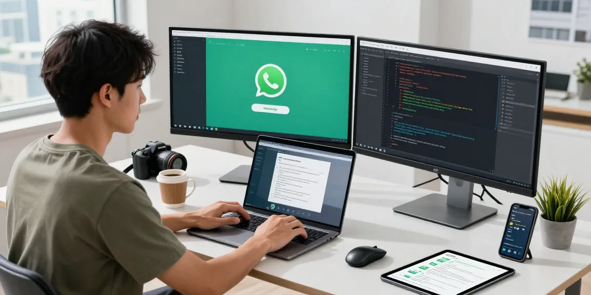 Developer coding WhatsApp下載 interface in a modern workspace.