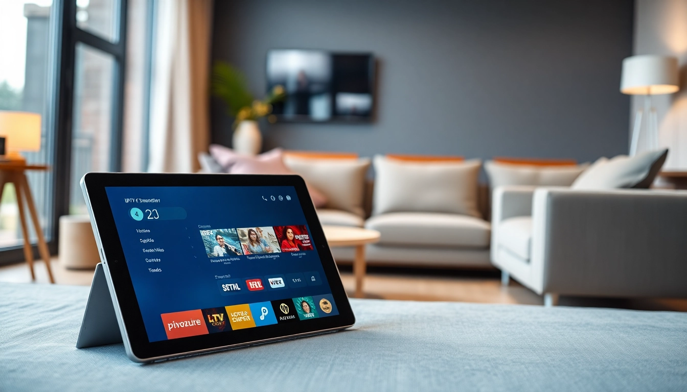 Stream live content through the IPTV smarter app interface showcased on a modern tablet.