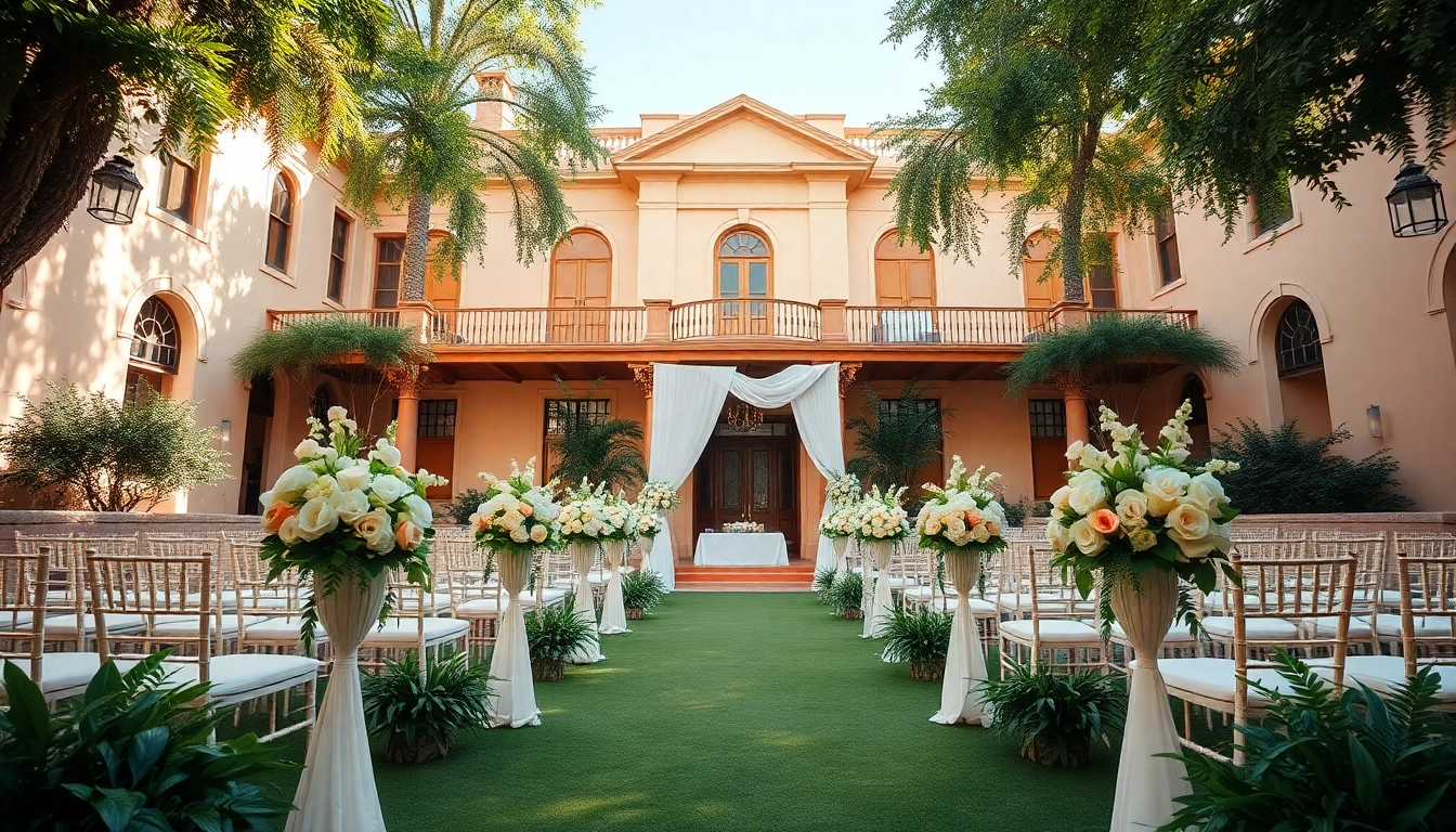 Elegant Jacksonville Wedding Venue with lush decorations under bright sunlight.