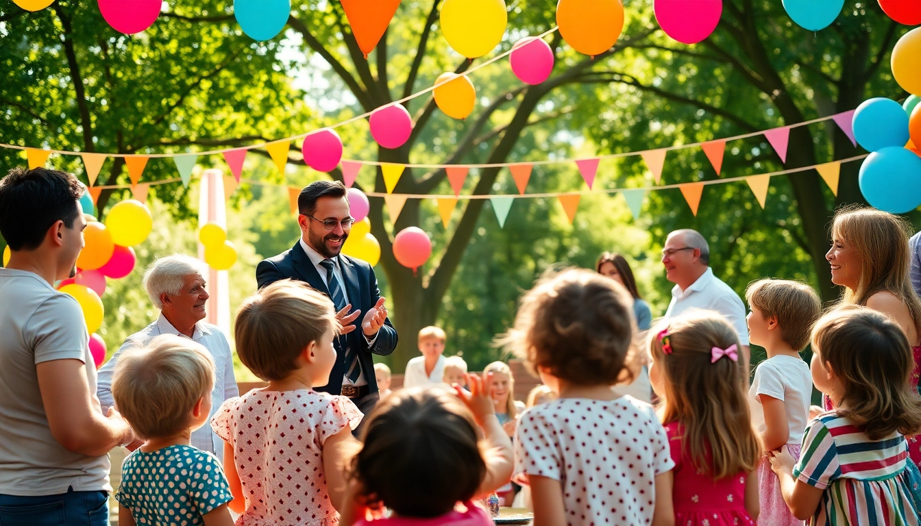 Engaging birthday party entertainers delighting kids with magic tricks at a vibrant outdoor party.