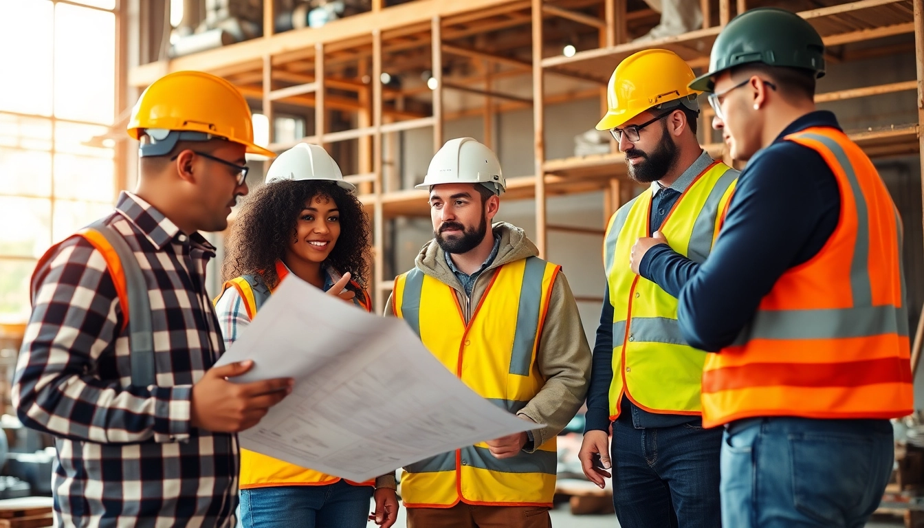 Construction training scene with diverse workers collaborating and learning on a construction site.