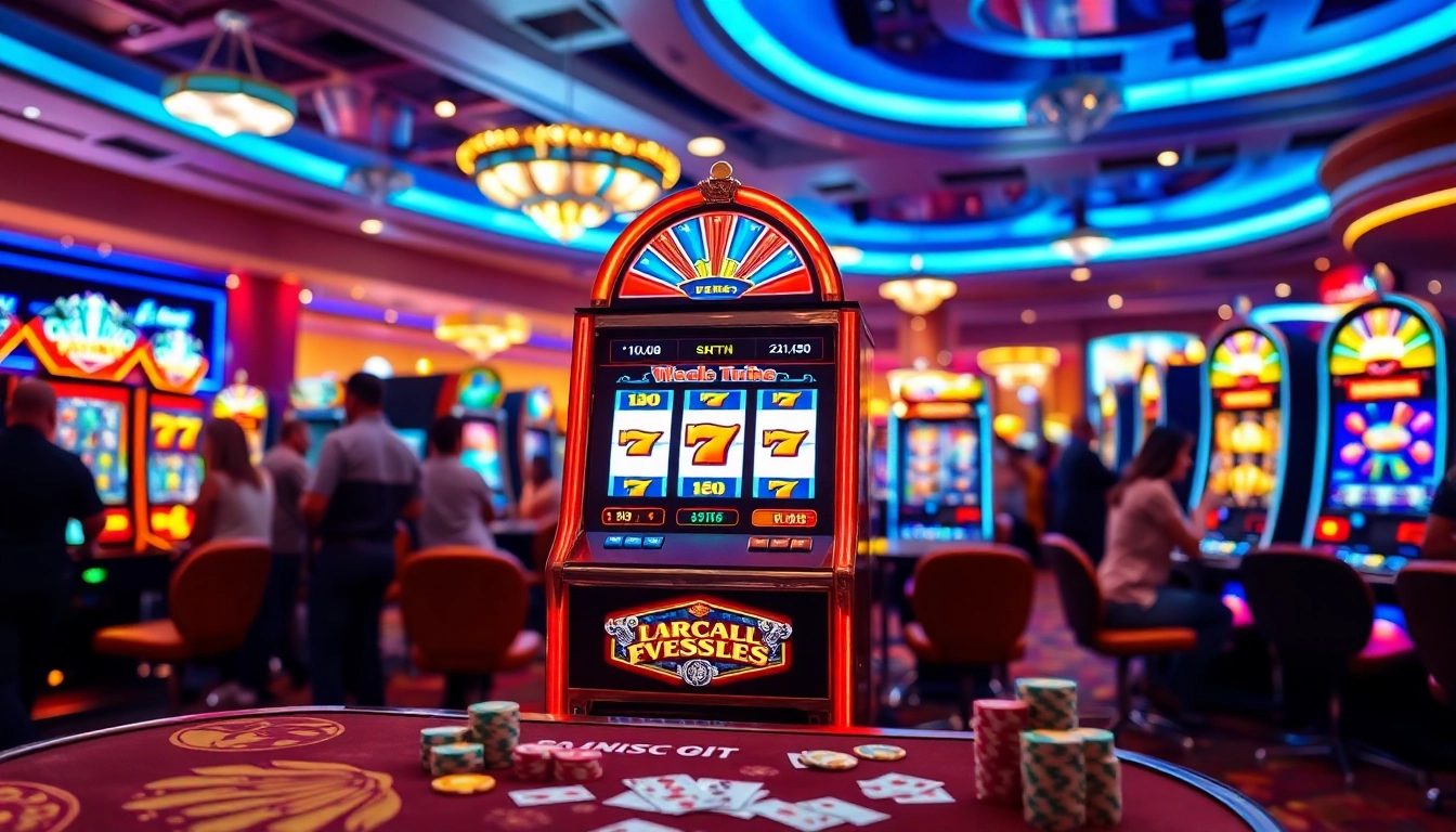 Memenangkan slot deposit 1000 dengan mesin slot penuh warna dan suasana kasino yang energik.