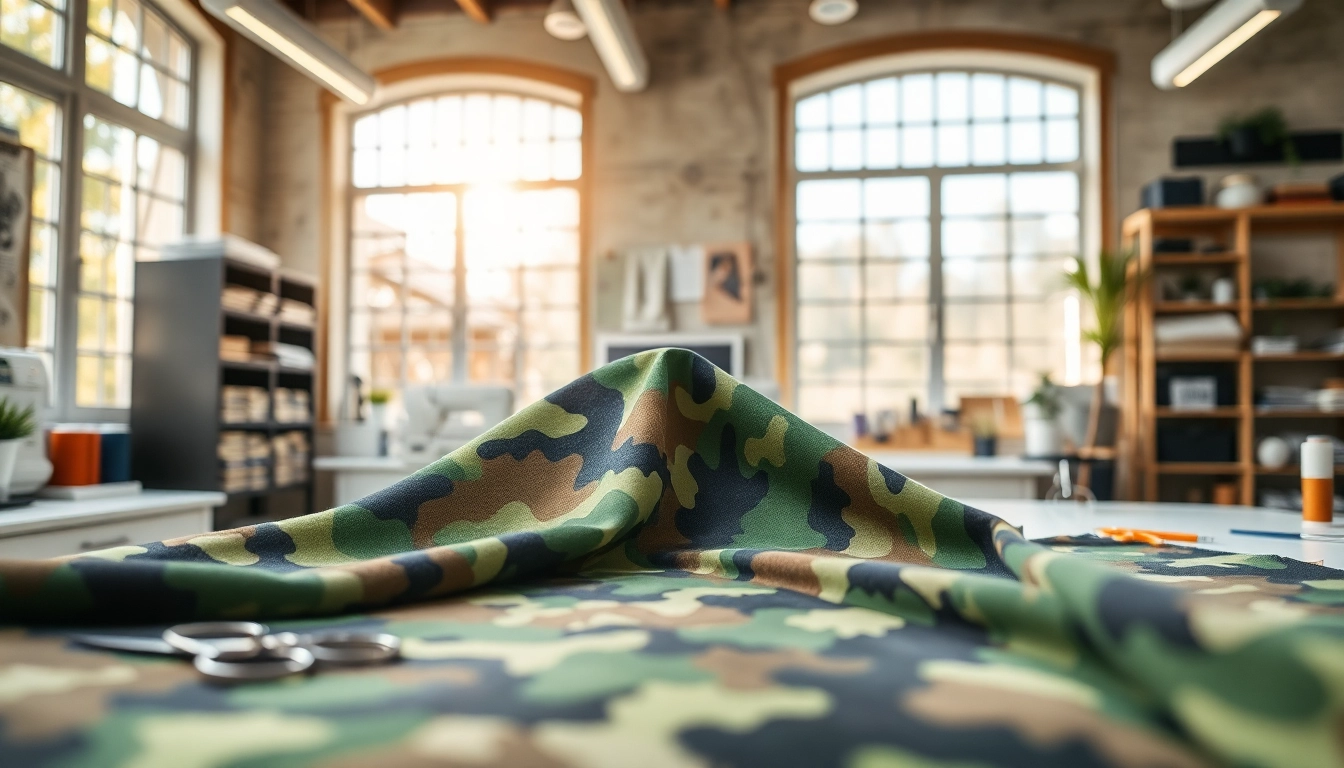 Detail van legerprint stof in een levendige naaiatelier, omgeven door gereedschap.