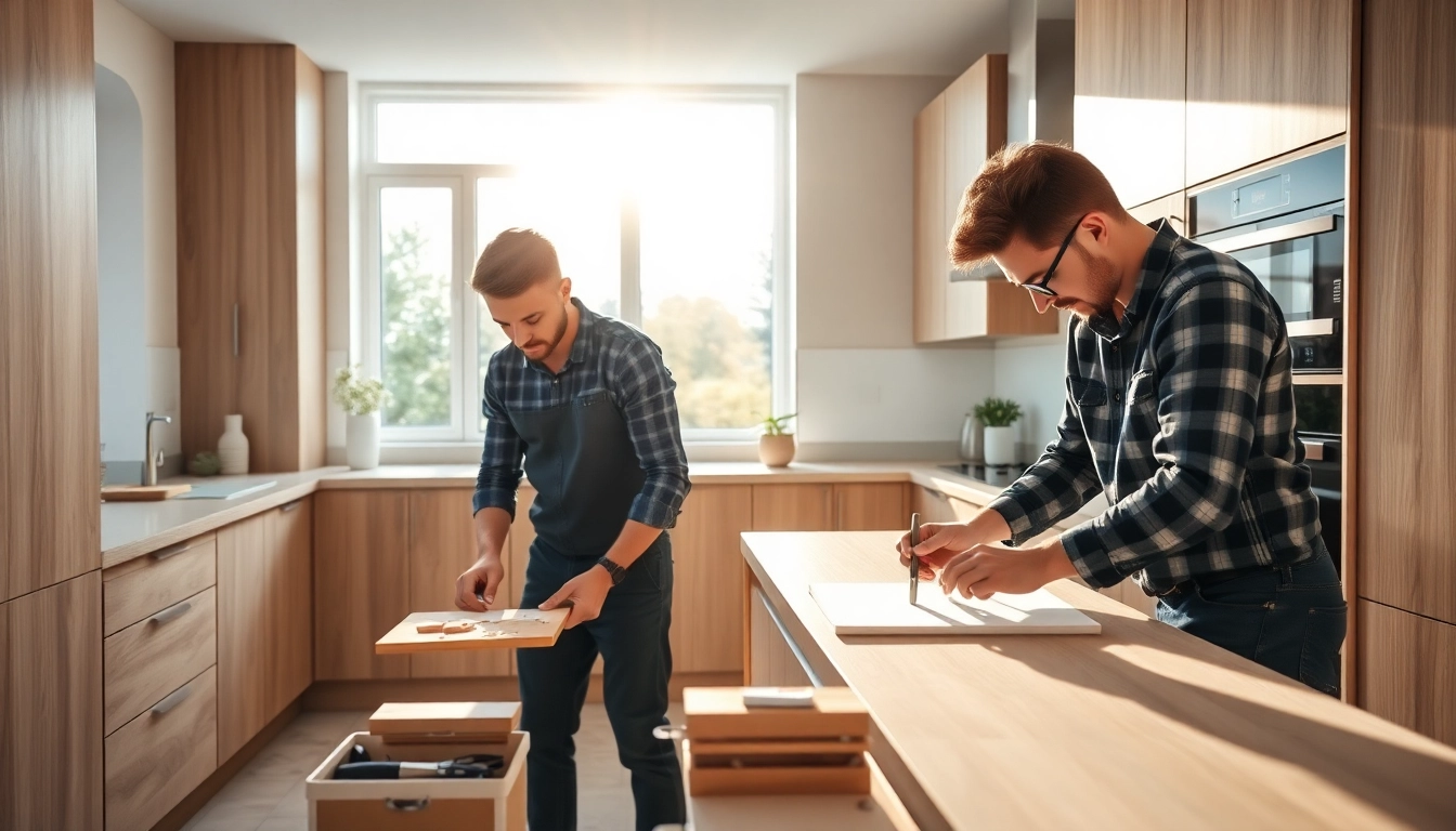 Kitchen and bathroom fitters expertly renovating a modern kitchen space with elegant features.