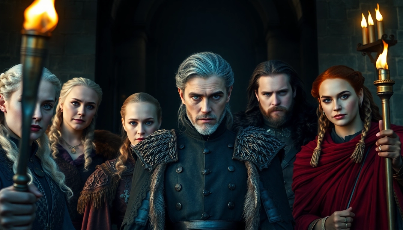 Engaging portrait of Game of Thrones cast, showcasing iconic characters in a dramatic setting.