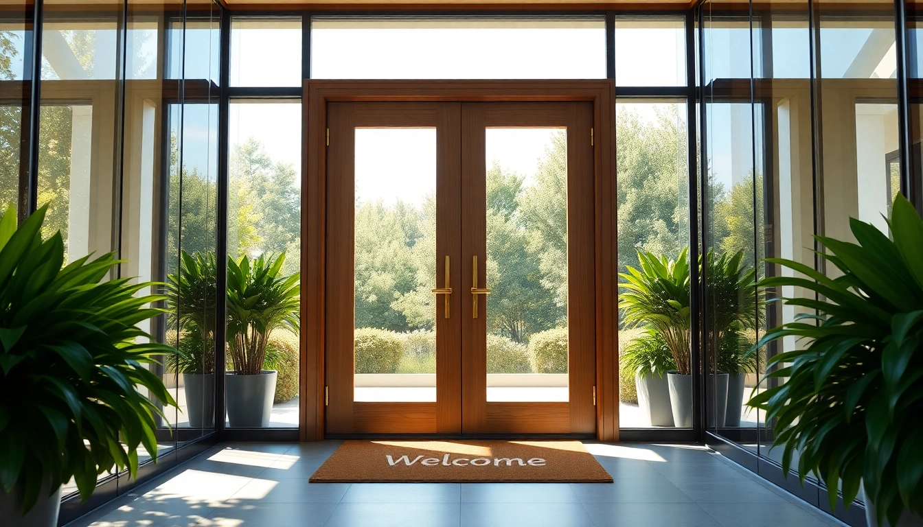 Open single leaf double swing door leading into a bright entryway with polished design features.